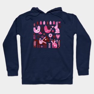 Raspberry And Cream Scandinavian Folk Art Forest Friends Hoodie